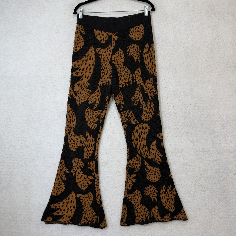 FARM Sweatpants Womens Medium Brown Knit Flare Leg Animal Print Elastic Waist